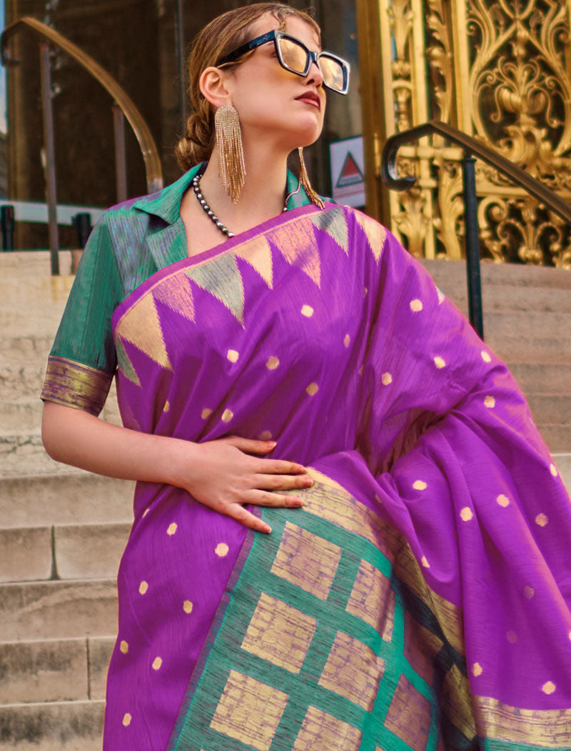 Purple Khadi Silk Saree Handloom Weaving With Contrast Pallu And Blouse