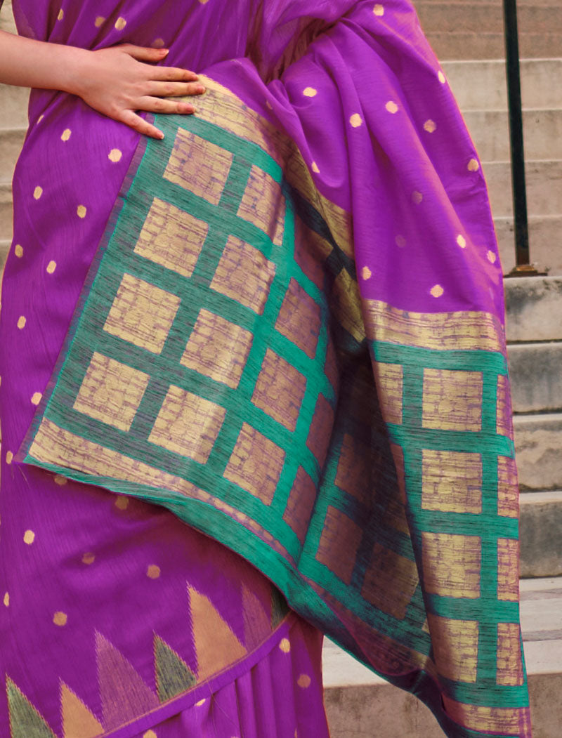 Purple Khadi Silk Saree Handloom Weaving With Contrast Pallu And Blouse