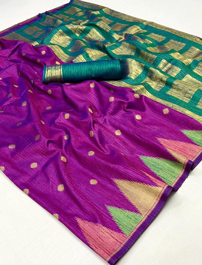 Purple Khadi Silk Saree Handloom Weaving With Contrast Pallu And Blouse