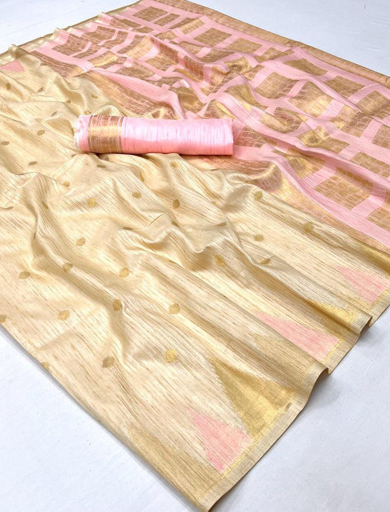 Cream Khadi Silk Saree Handloom Weaving With Contrast Pallu And Blouse