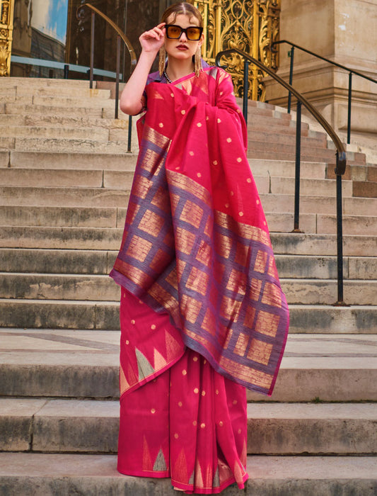 Dark Pink Khadi Silk Saree Handloom Weaving With Contrast Pallu And Blouse