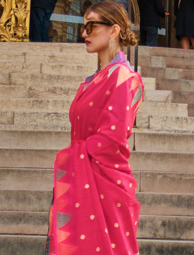 Dark Pink Khadi Silk Saree Handloom Weaving With Contrast Pallu And Blouse