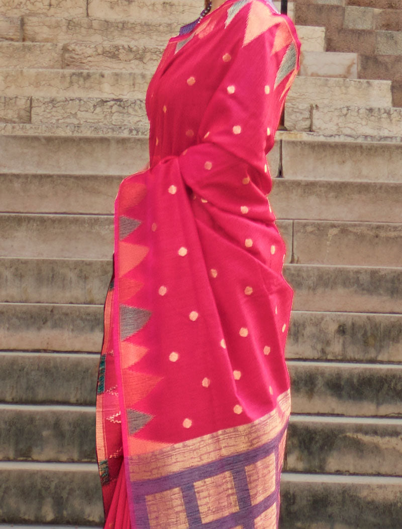 Dark Pink Khadi Silk Saree Handloom Weaving With Contrast Pallu And Blouse