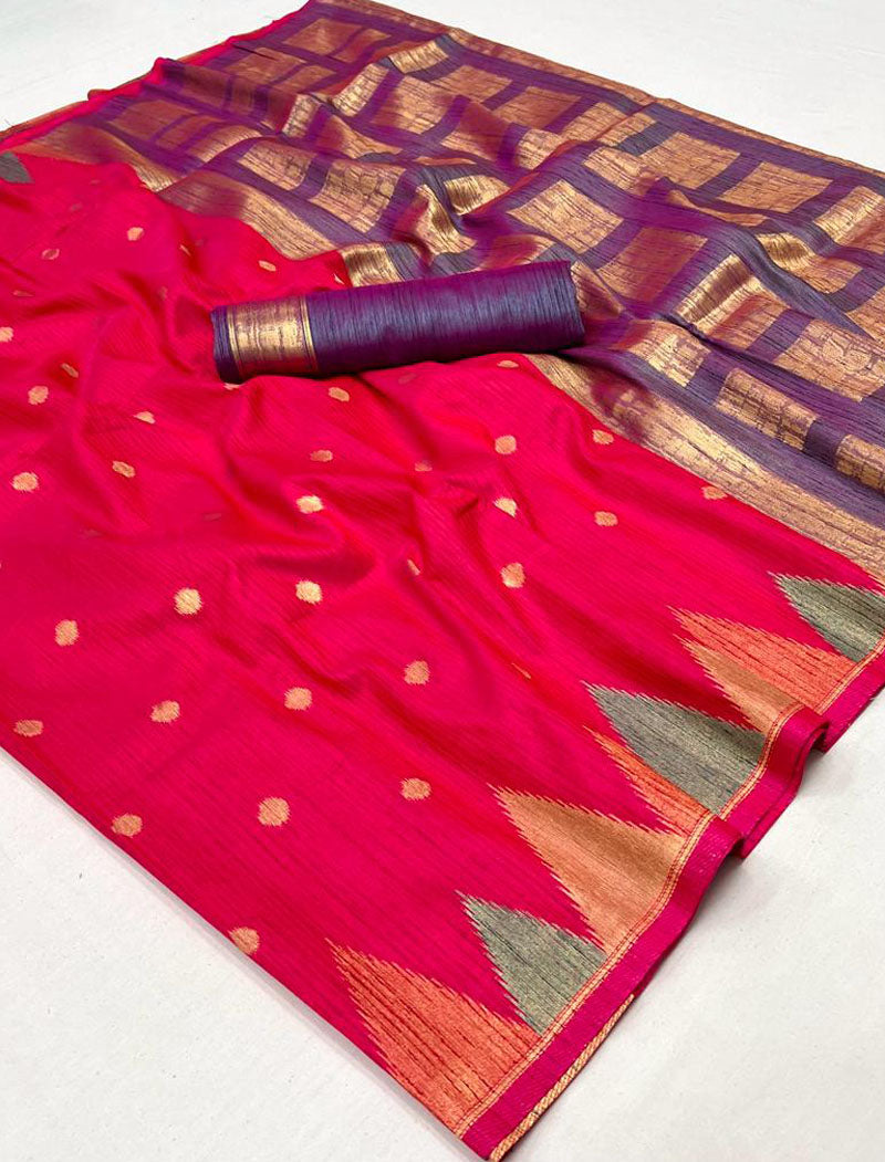 Dark Pink Khadi Silk Saree Handloom Weaving With Contrast Pallu And Blouse