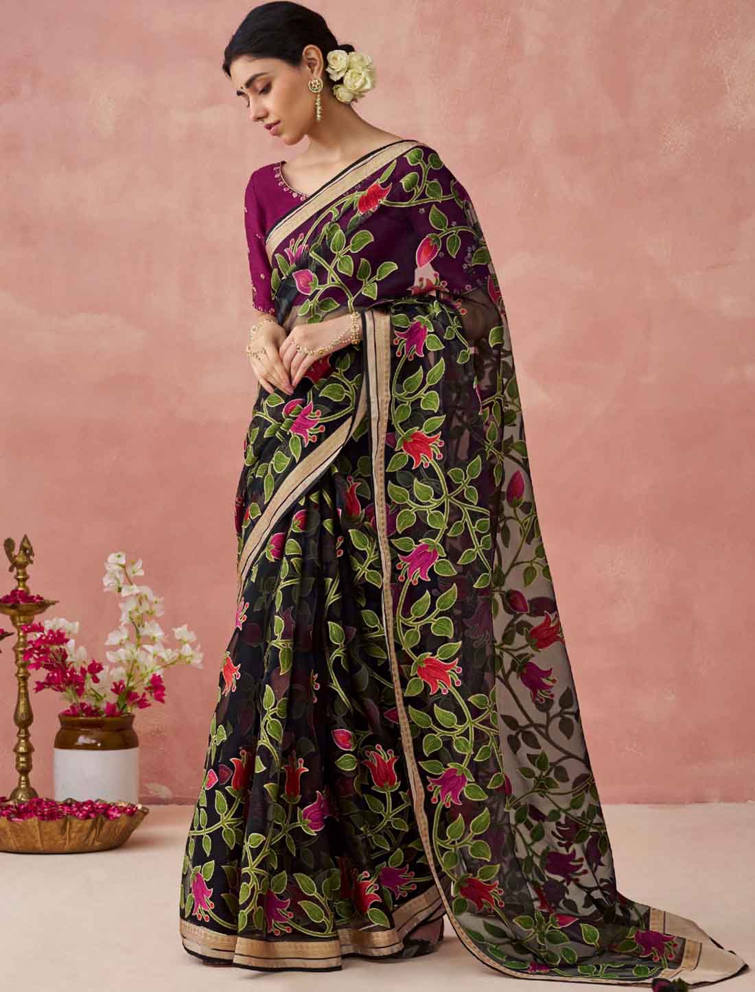 Elegance Soft Brasso Organza With Ethnic Printed Saree