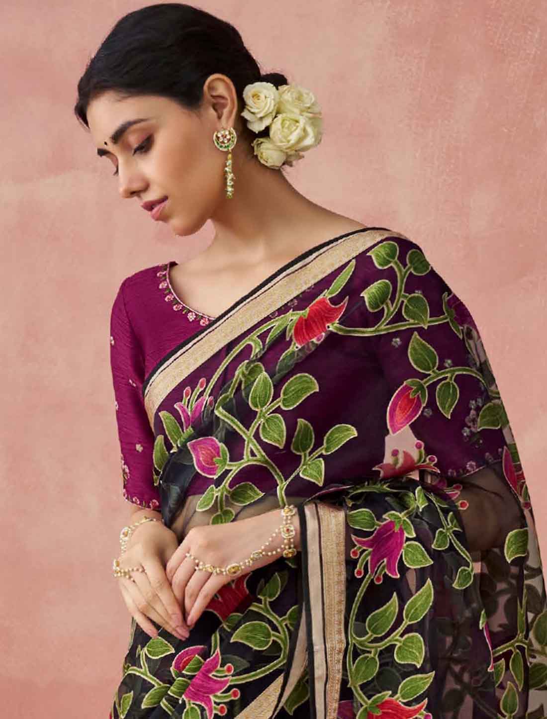 Elegance Soft Brasso Organza With Ethnic Printed Saree