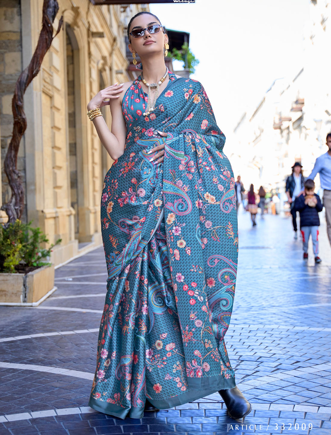 Enchanting Floral Radiance: Women's Party Wear Saree with Blouse in Satin Crepe