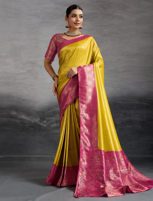 Yellow Kanjivaram Silk Zari Woven Meenakari Party Wear Saree