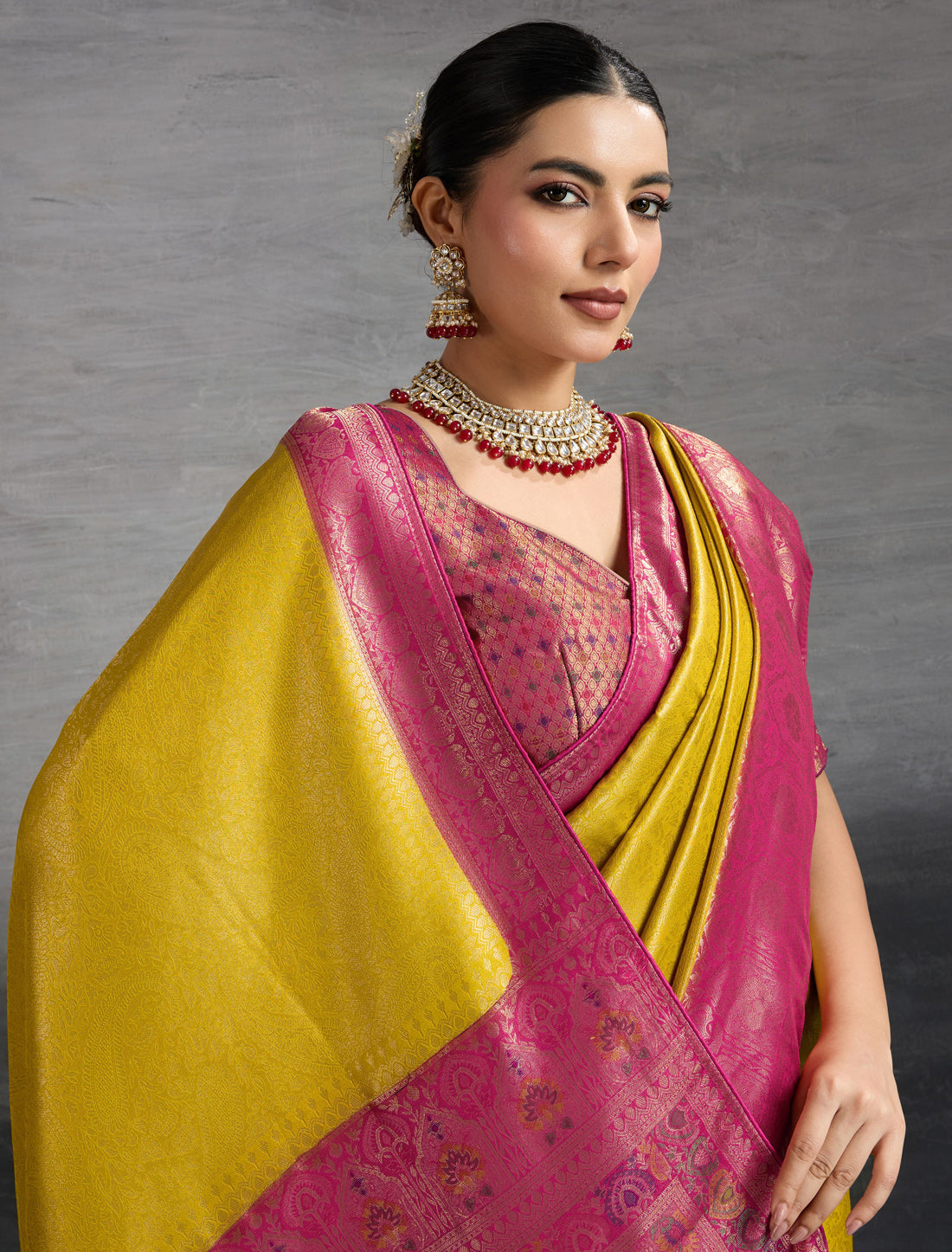 Yellow Kanjivaram Silk Zari Woven Meenakari Party Wear Saree