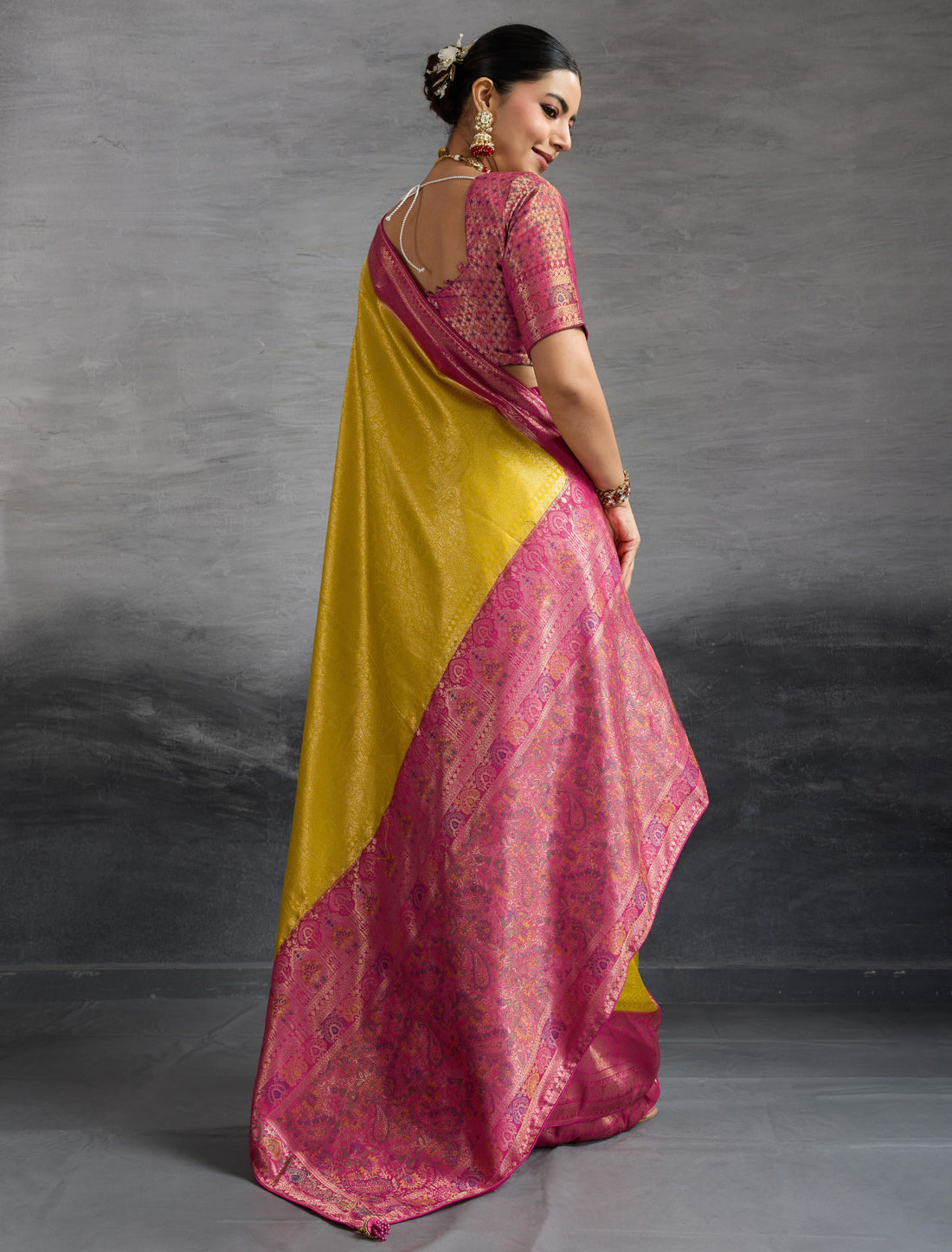 Yellow Kanjivaram Silk Zari Woven Meenakari Party Wear Saree