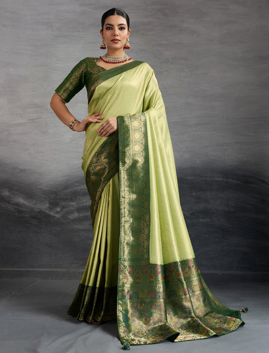 Pista Green Kanjivaram Silk Party Wear Zari Woven Meenakari Saree