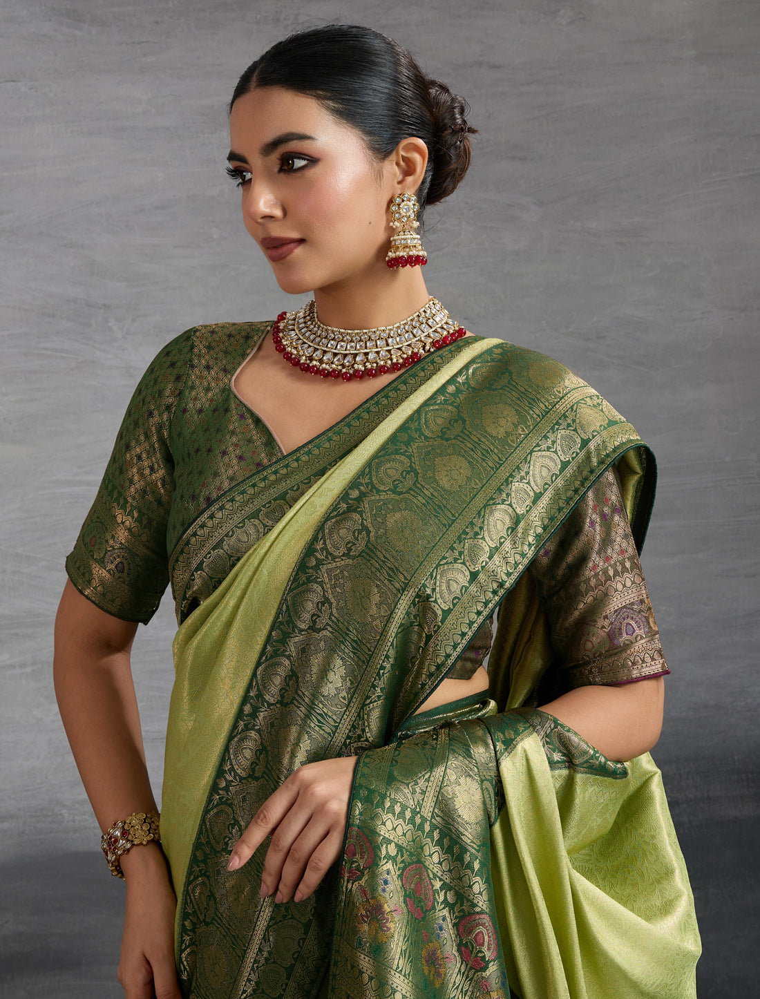 Pista Green Kanjivaram Silk Party Wear Zari Woven Meenakari Saree