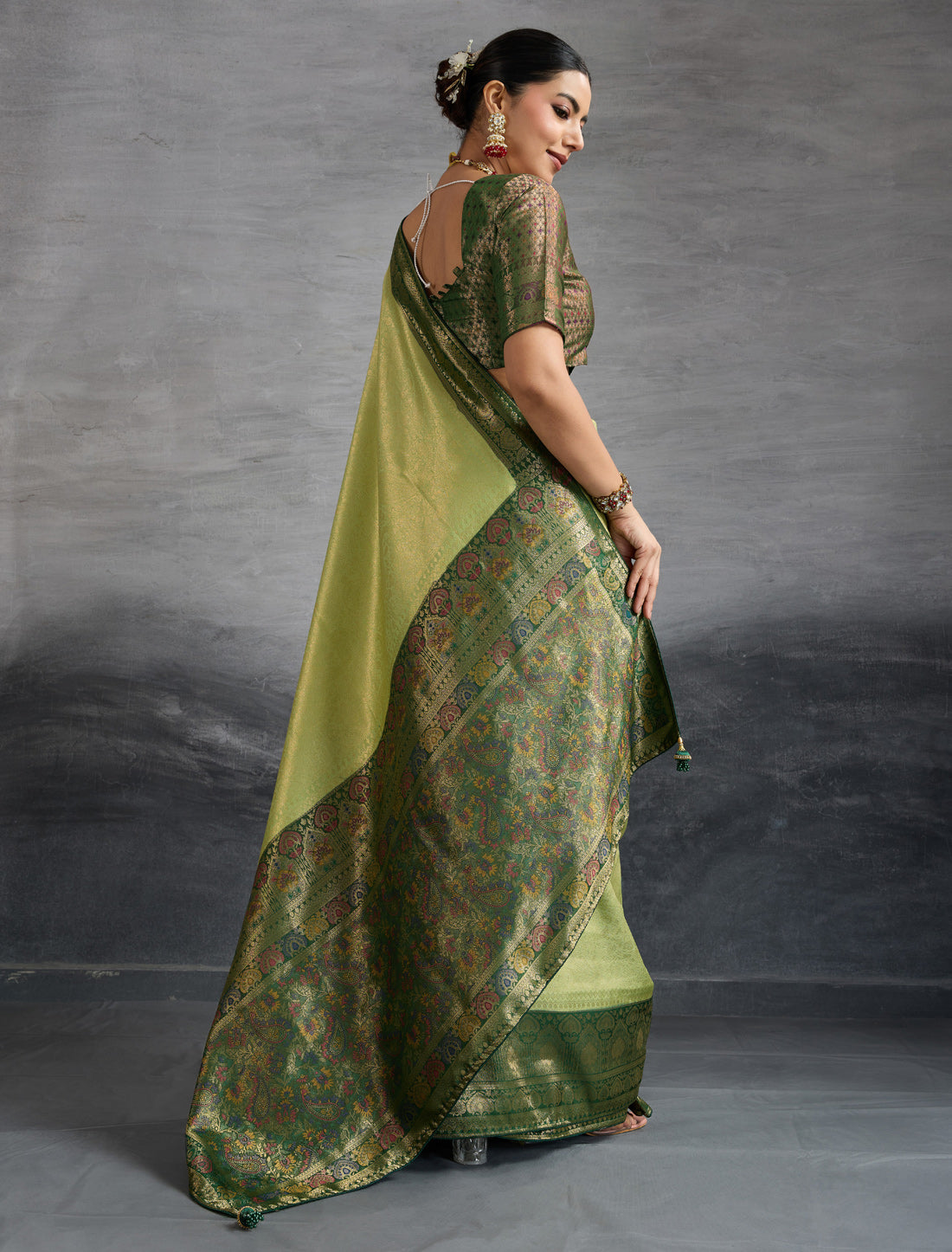 Pista Green Kanjivaram Silk Party Wear Zari Woven Meenakari Saree