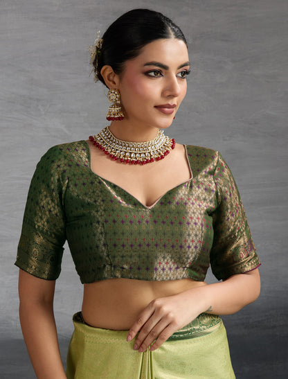 Pista Green Kanjivaram Silk Party Wear Zari Woven Meenakari Saree