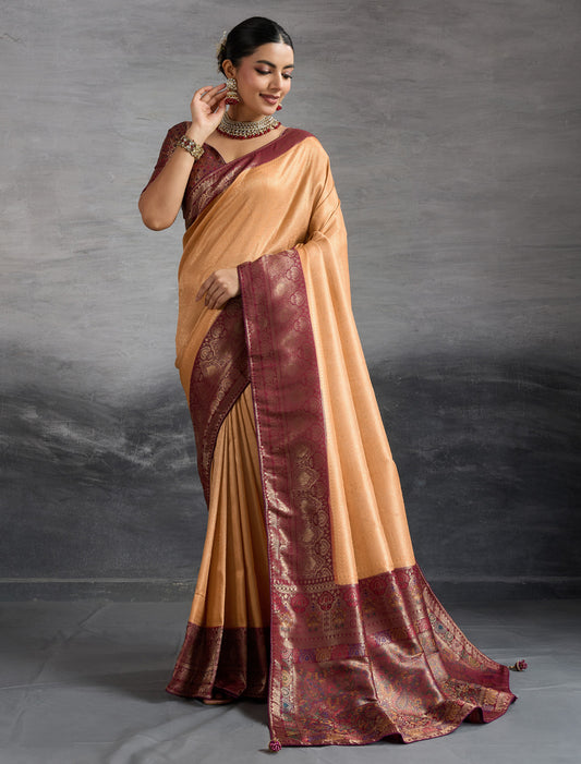 Beige Party Wear Kanjivaram Silk Zari Woven Meenakari Saree