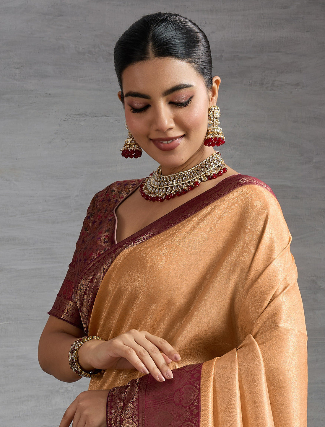 Beige Party Wear Kanjivaram Silk Zari Woven Meenakari Saree