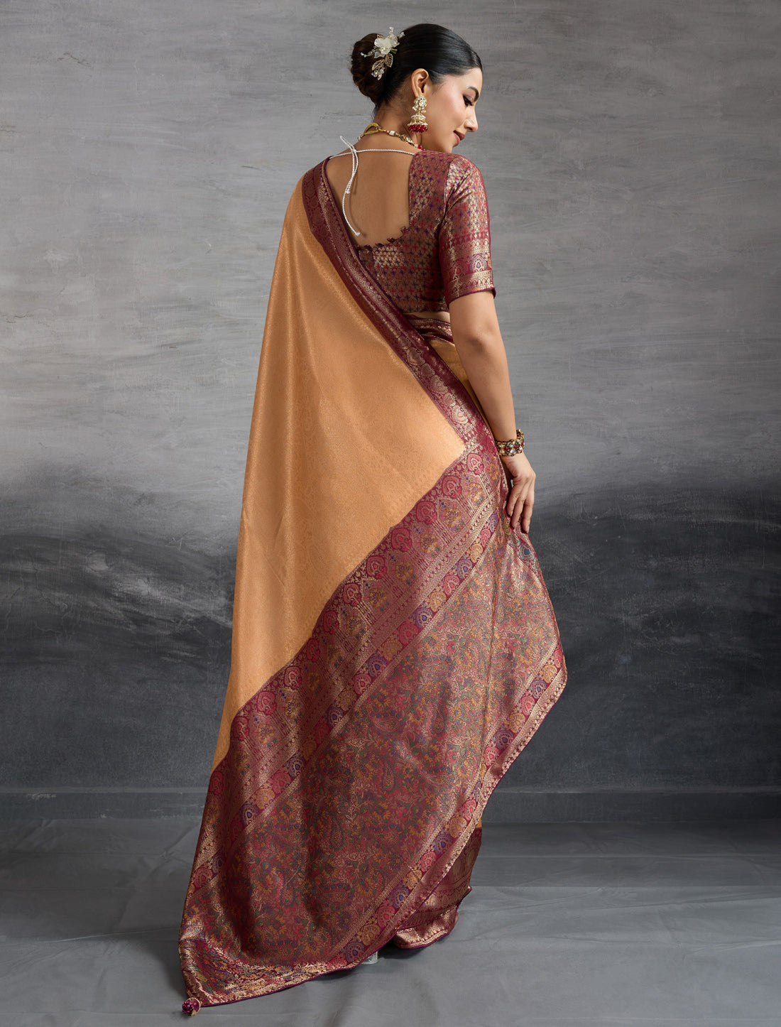 Beige Party Wear Kanjivaram Silk Zari Woven Meenakari Saree