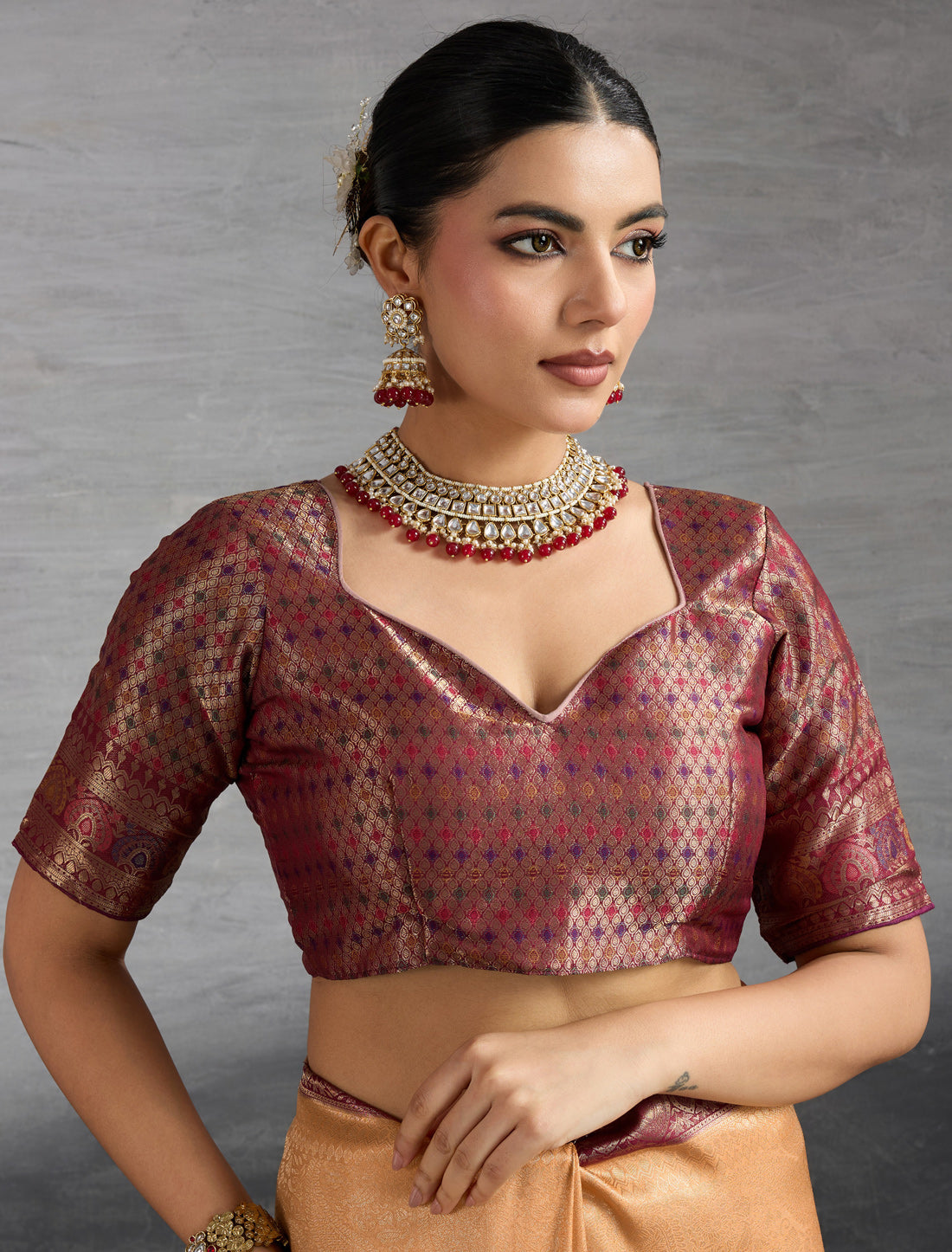 Beige Party Wear Kanjivaram Silk Zari Woven Meenakari Saree