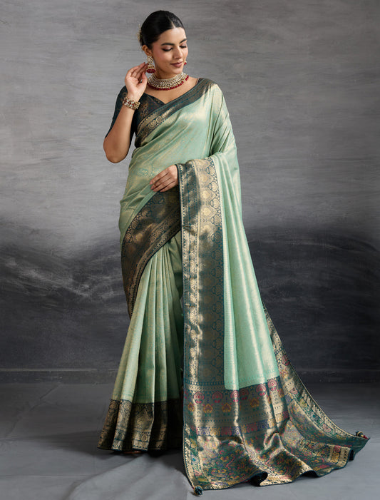 Teal Green Kanjivaram Silk Party Wear Zari Woven Meenakari Saree