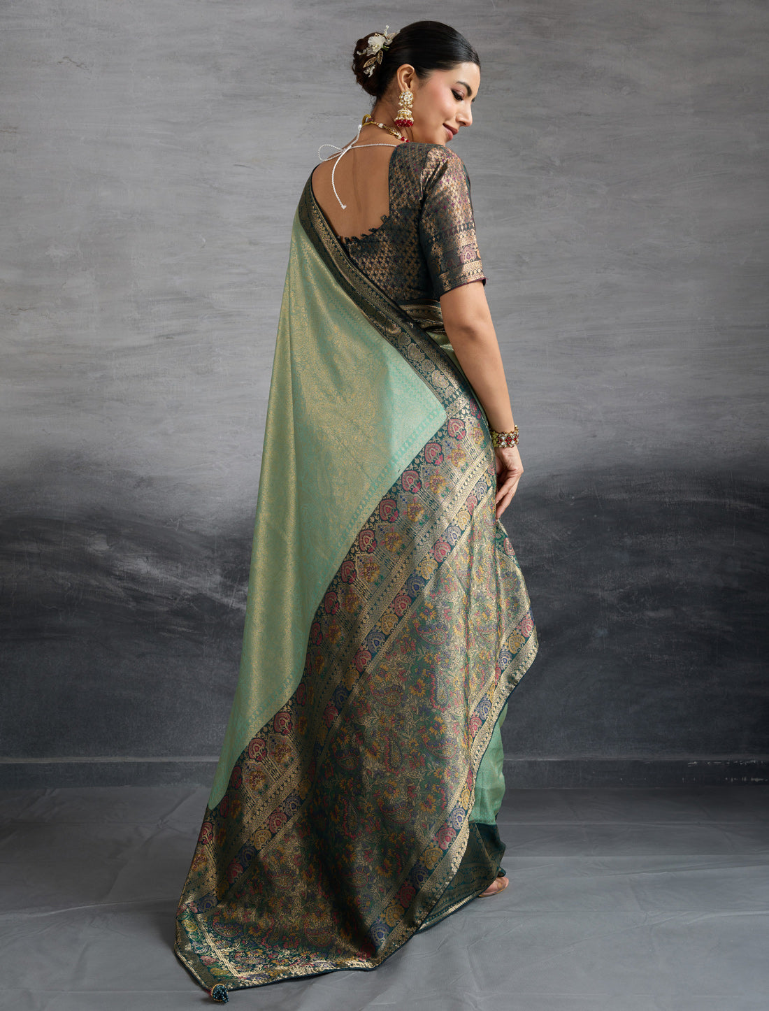 Teal Green Kanjivaram Silk Party Wear Zari Woven Meenakari Saree
