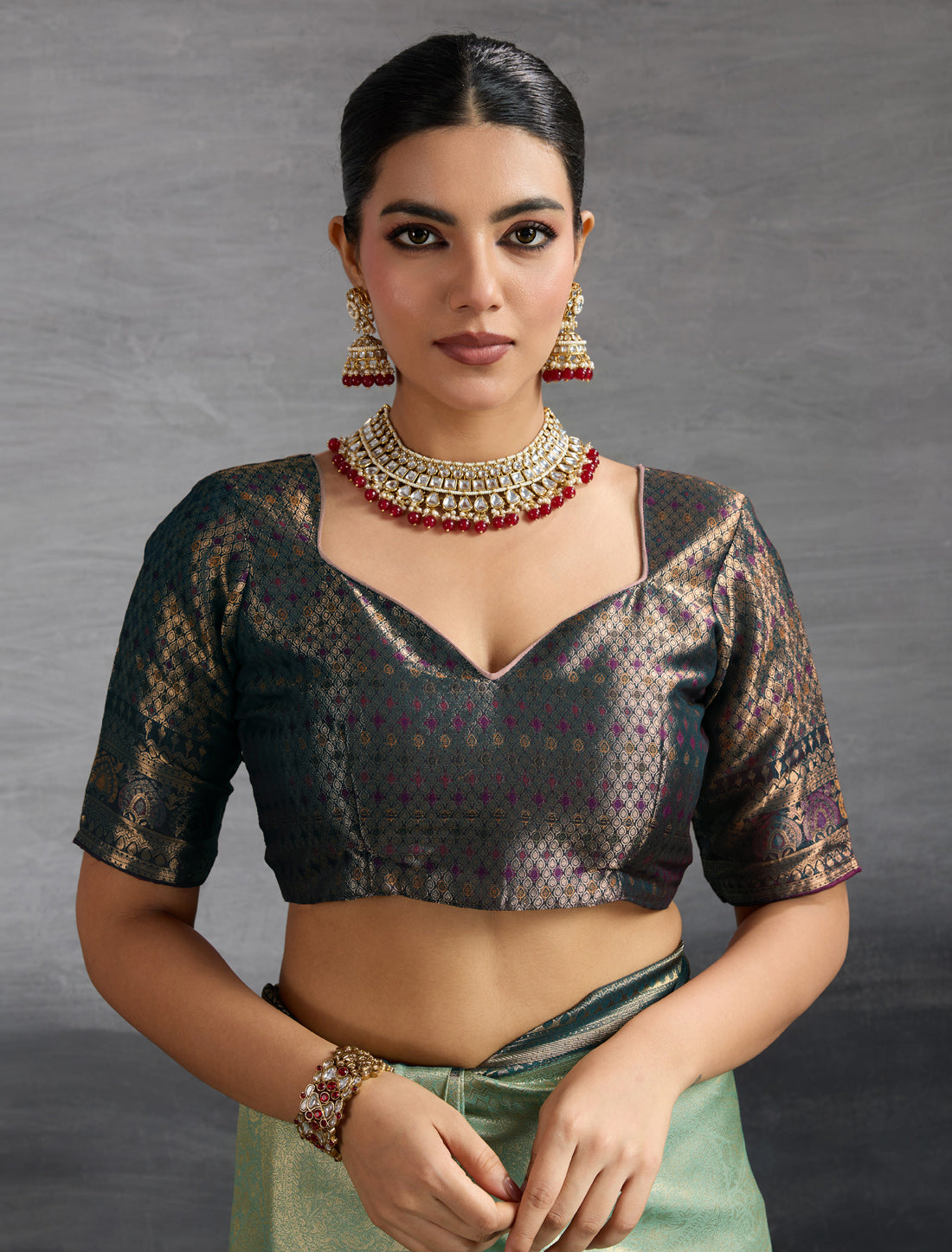 Teal Green Kanjivaram Silk Party Wear Zari Woven Meenakari Saree