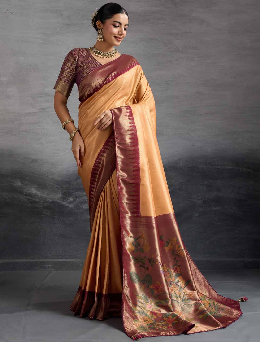 Kanjivaram Silk Party Wear Zari Woven Brown Meenakari Saree