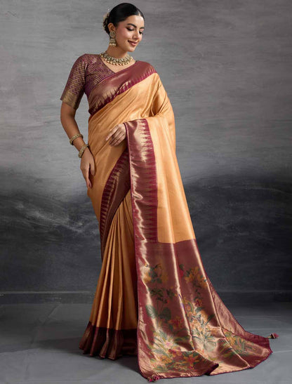 Kanjivaram Silk Party Wear Zari Woven Brown Meenakari Saree