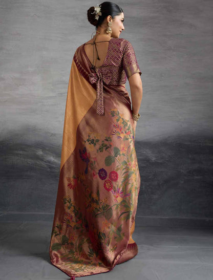 Kanjivaram Silk Party Wear Zari Woven Brown Meenakari Saree