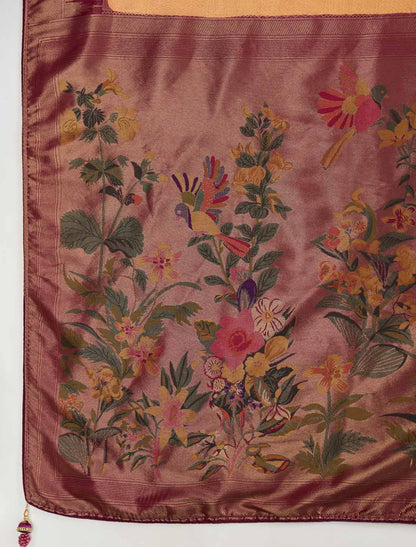 Kanjivaram Silk Party Wear Zari Woven Brown Meenakari Saree