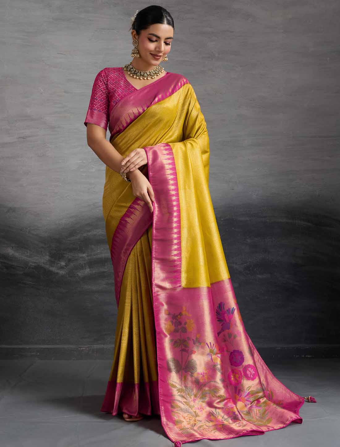 Yellow & Pink Kanjivaram Silk Party Wear Zari Woven Meenakari Saree