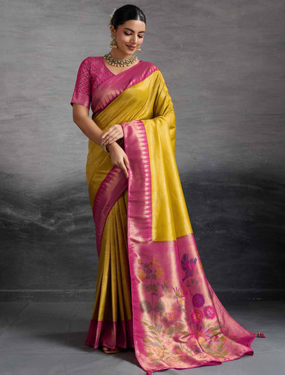 Yellow & Pink Kanjivaram Silk Party Wear Zari Woven Meenakari Saree