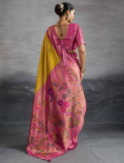 Yellow & Pink Kanjivaram Silk Party Wear Zari Woven Meenakari Saree