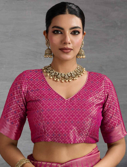 Yellow & Pink Kanjivaram Silk Party Wear Zari Woven Meenakari Saree