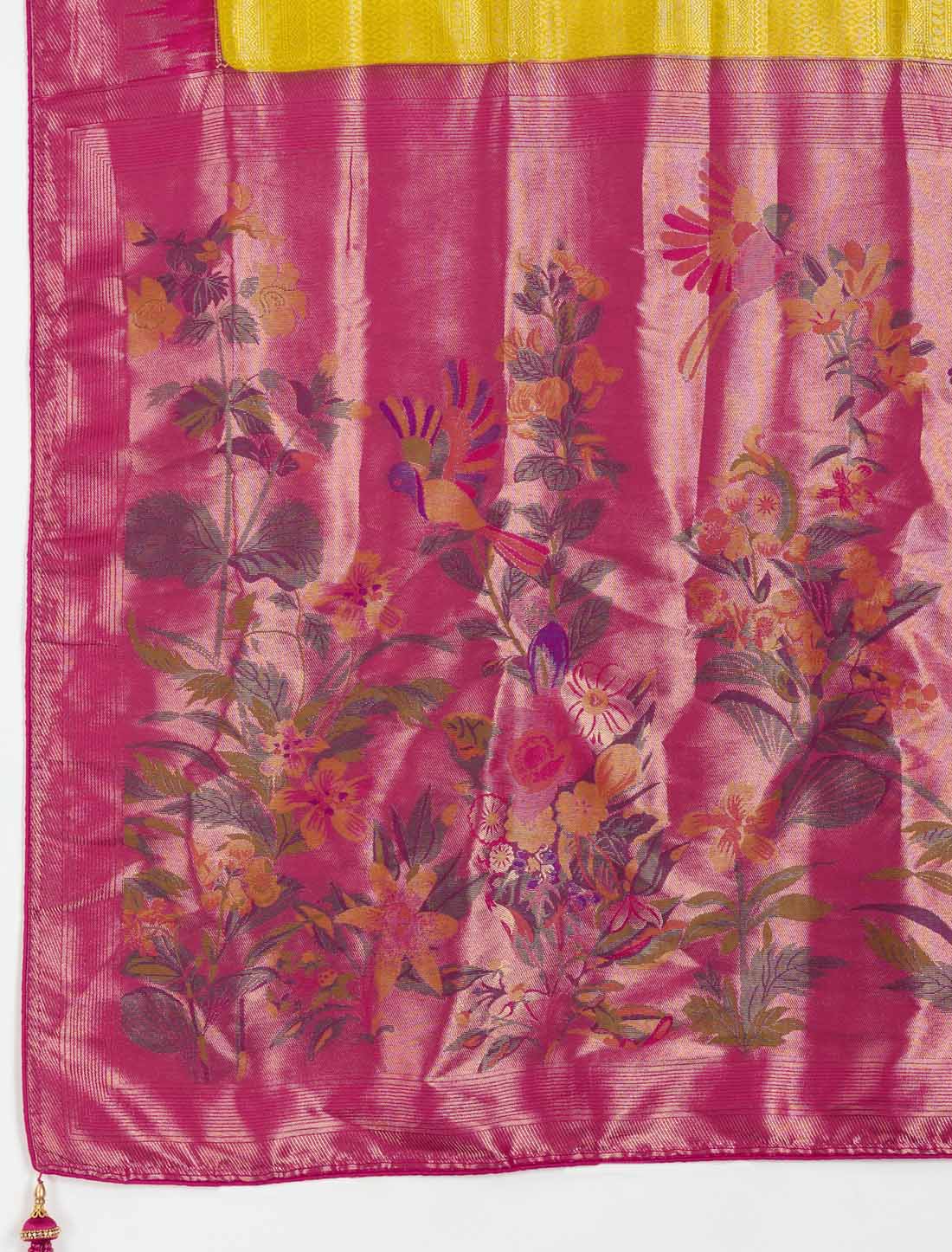 Yellow & Pink Kanjivaram Silk Party Wear Zari Woven Meenakari Saree