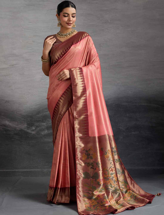 Peach & Brown Kanjivaram Silk Party Wear Zari Woven Meenakari Saree