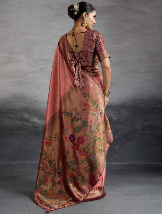 Peach & Brown Kanjivaram Silk Party Wear Zari Woven Meenakari Saree