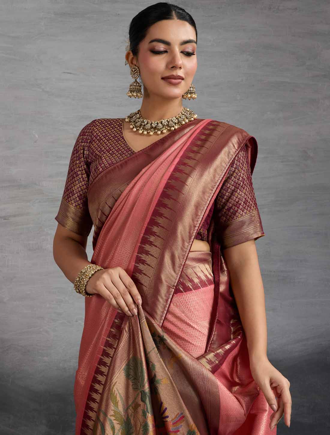 Peach & Brown Kanjivaram Silk Party Wear Zari Woven Meenakari Saree