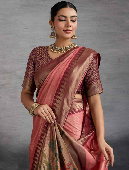Peach & Brown Kanjivaram Silk Party Wear Zari Woven Meenakari Saree