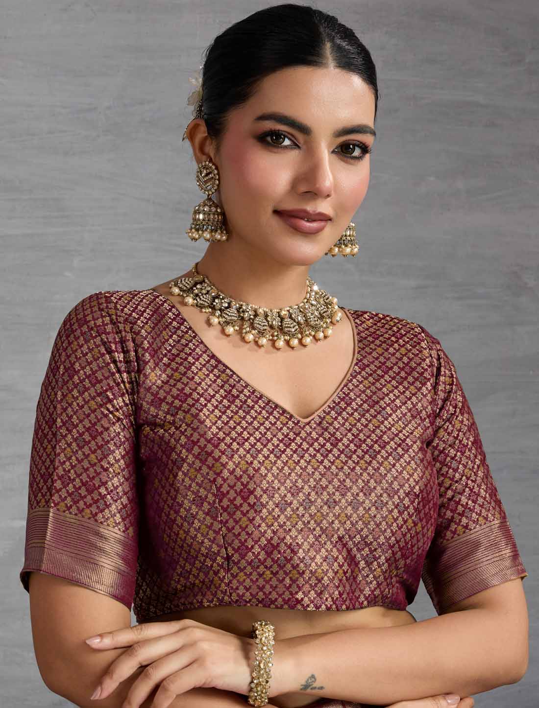 Peach & Brown Kanjivaram Silk Party Wear Zari Woven Meenakari Saree