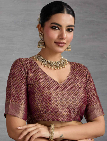 Peach & Brown Kanjivaram Silk Party Wear Zari Woven Meenakari Saree