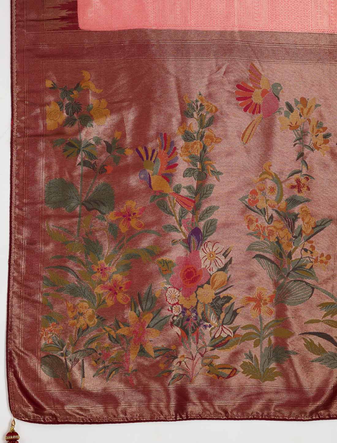 Peach & Brown Kanjivaram Silk Party Wear Zari Woven Meenakari Saree