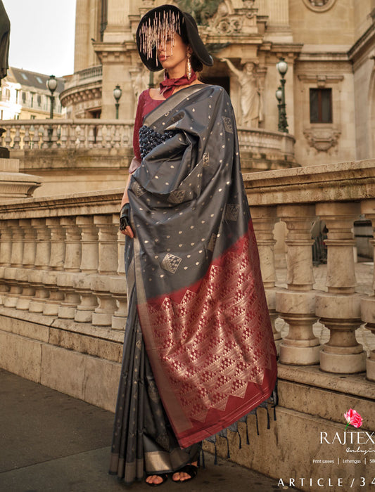 Dark Grey Soft Silk Handloom Weaving Fancy Saree With Contrast Pallu And Blouse