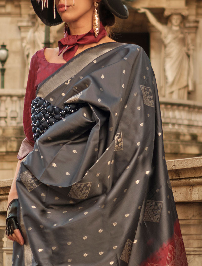 Dark Grey Soft Silk Handloom Weaving Fancy Saree With Contrast Pallu And Blouse