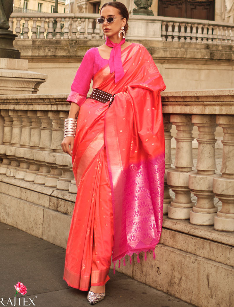 Peach Soft Silk Handloom Weaving Fancy Saree With Contrast Pallu And Blouse