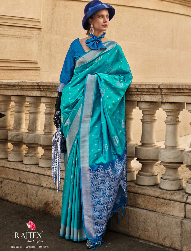 Sea Blue Soft Silk Handloom Weaving Fancy Saree With Contrast Pallu And Blouse