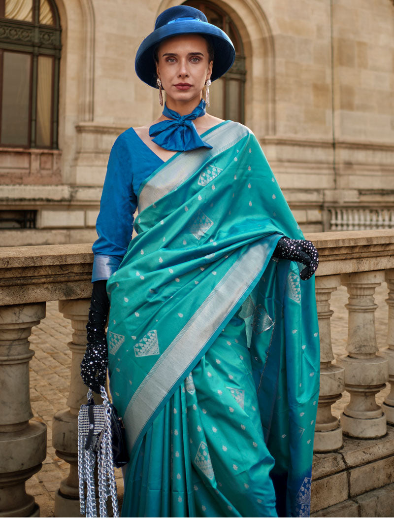 Sea Blue Soft Silk Handloom Weaving Fancy Saree With Contrast Pallu And Blouse