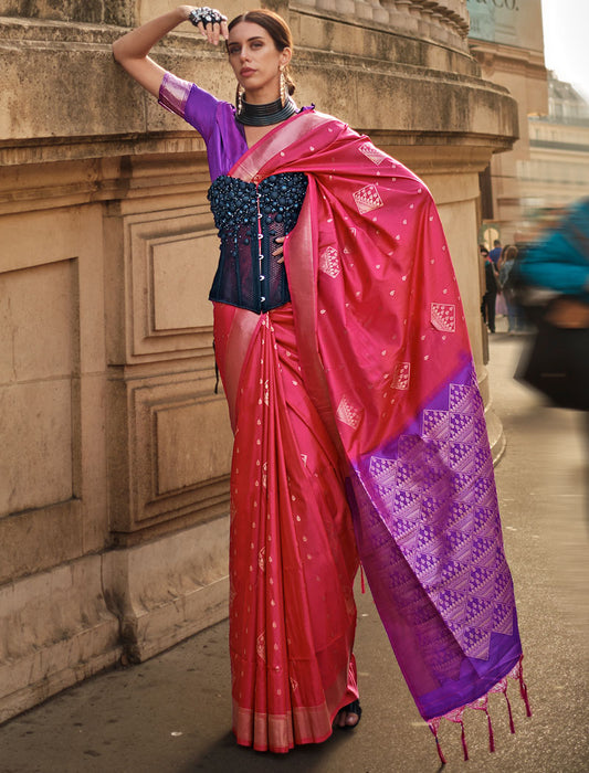 Peach Soft Silk Handloom Weaving Fancy Saree With Contrast Pallu And Blouse