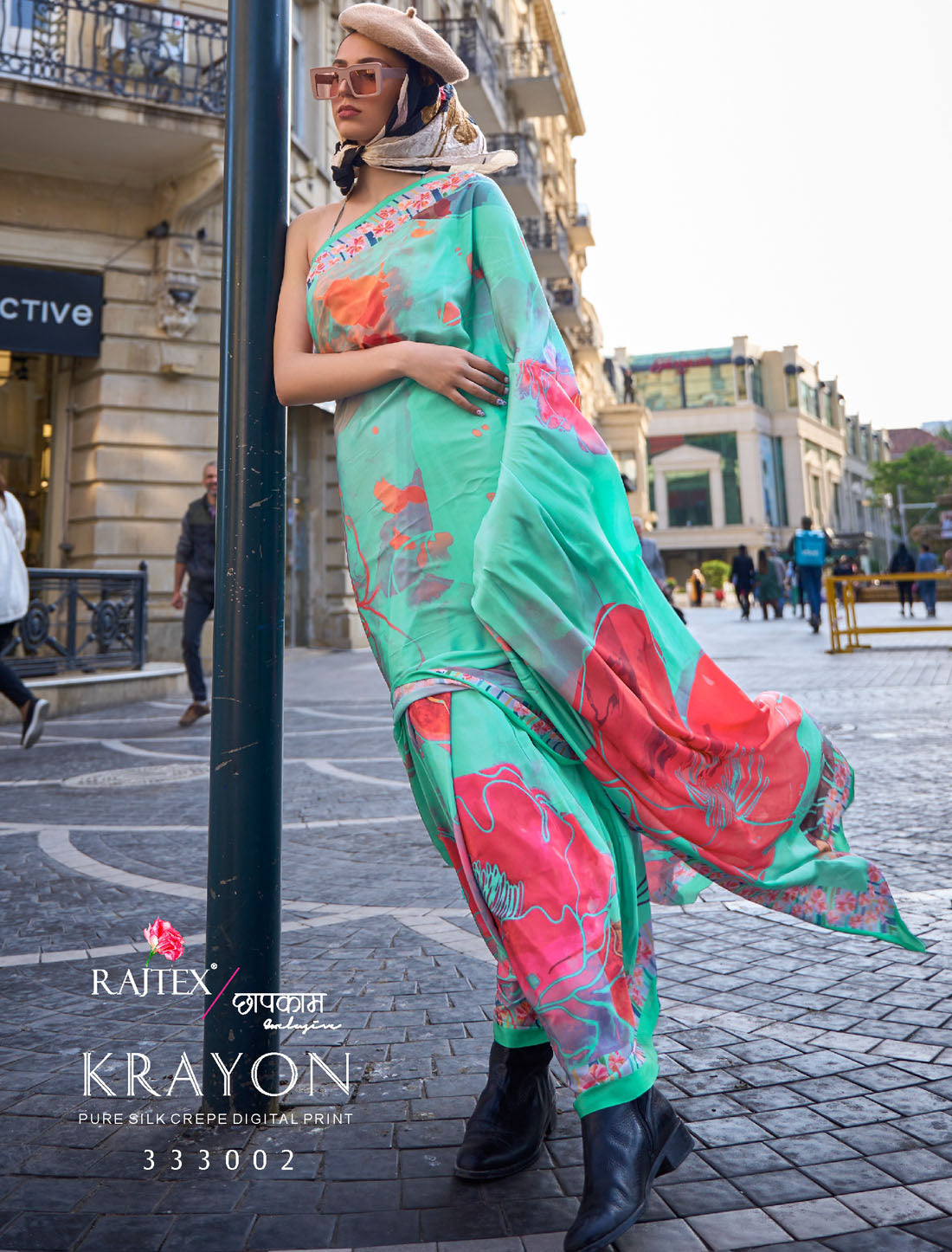 Cultural Cascade Pure Silk Crepe Digital Printed Traditional Wear Sea Green Saree For Women