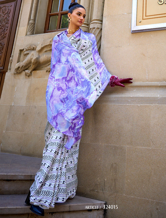 Blissful Blue Satin Crepe Print Saree