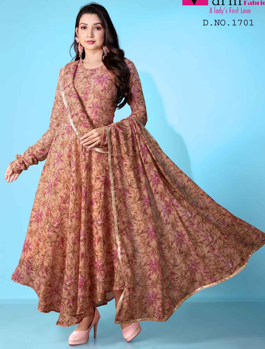 Orange Georgette Floral Print Anarkali Long Ethnic Kurta with Dupatta